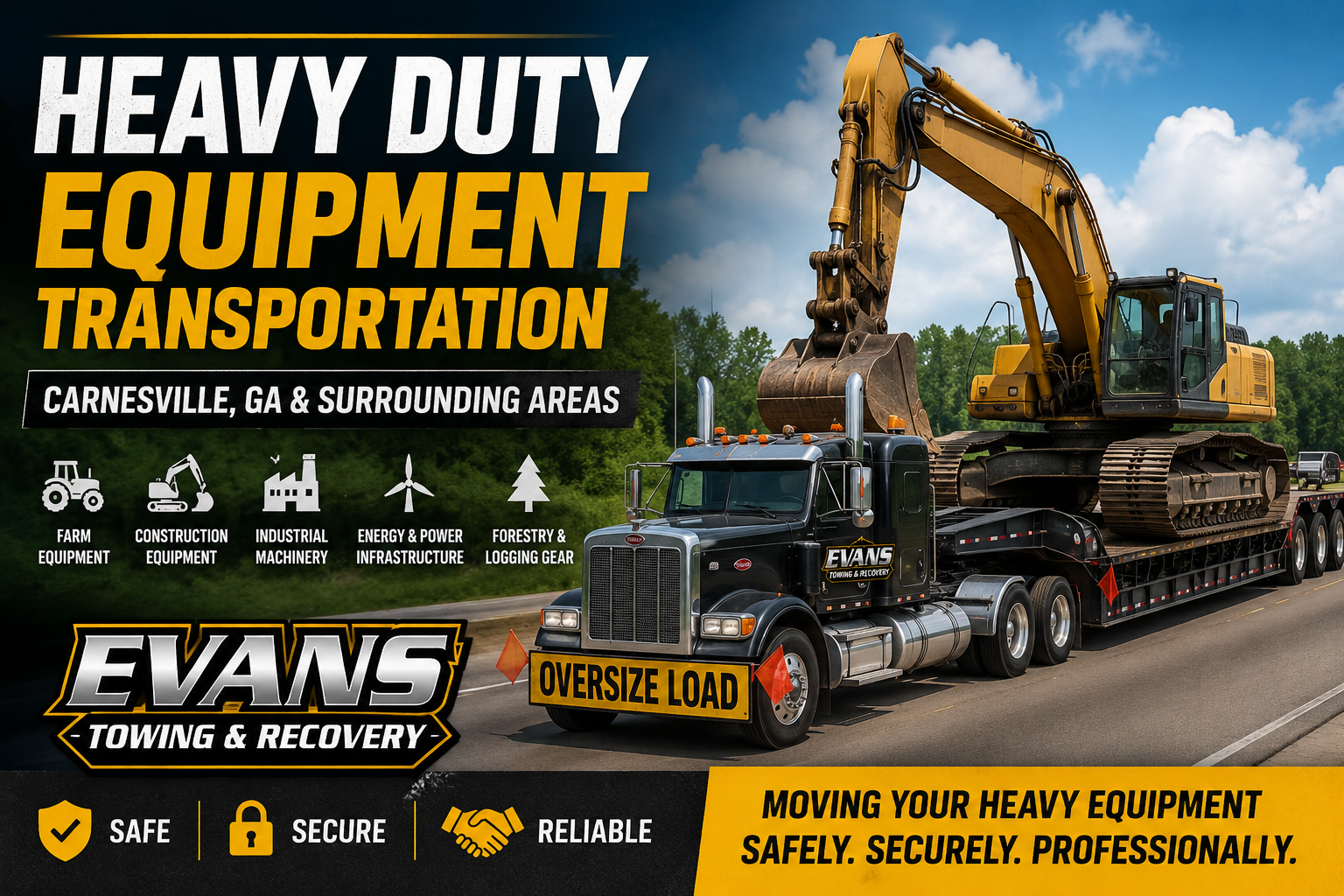 photo of Evan's truck transporting heavy duty construction equipment